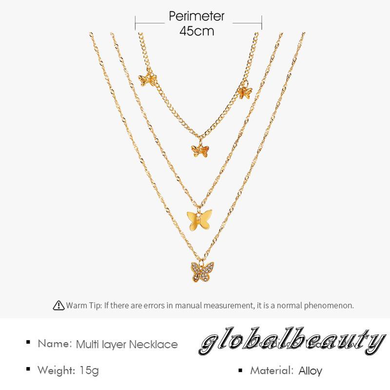 GB-Ladies Temperament Three Layers Necklace, Women Rhinestone Decoration Butterfly Pendant Necklace Female Jewelry Accessories