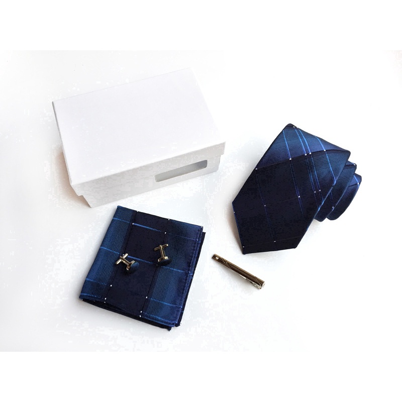 Set khuy măng sét và kẹp cà vạt EFAN họa tiết sọc caro độc đáo