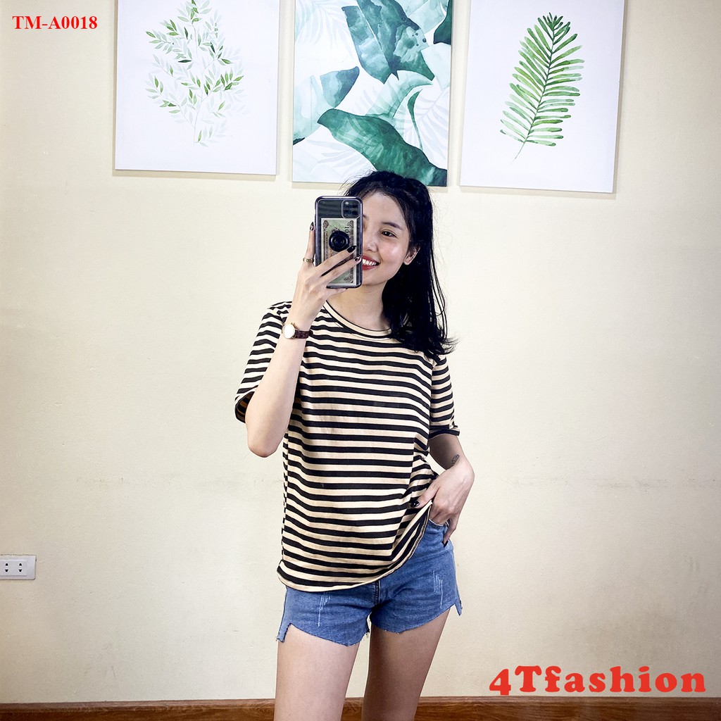 Áo phông tay lỡ The Mei 1992- Áo thun nữ form rộng cotton kẻ ngang bản nhỏ cổ tròn siêu mát