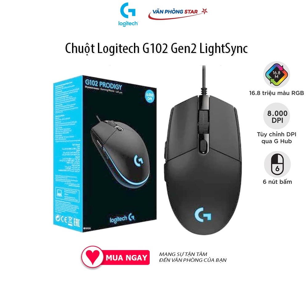 [FREESHIP] Chuột Gaming Logitech G102 Prodigy RGB LED Gen 2 độ nhạy 8.000 dpi, 6 nút nhấn chuyên game, dây 2m