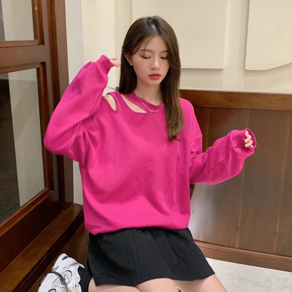 Áo sweater trễ vai dáng rộng tùy chọn màu sắc phong cách Hàn Quốc dành cho nữ