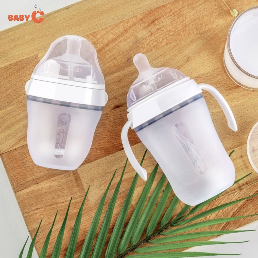 Bình sữa Kamidi Silicon trắng Chính Hãng, bình sữa tay cầm có ống trợ ti chống sặc cho bé dung tích 150ml/250ml - BabyC