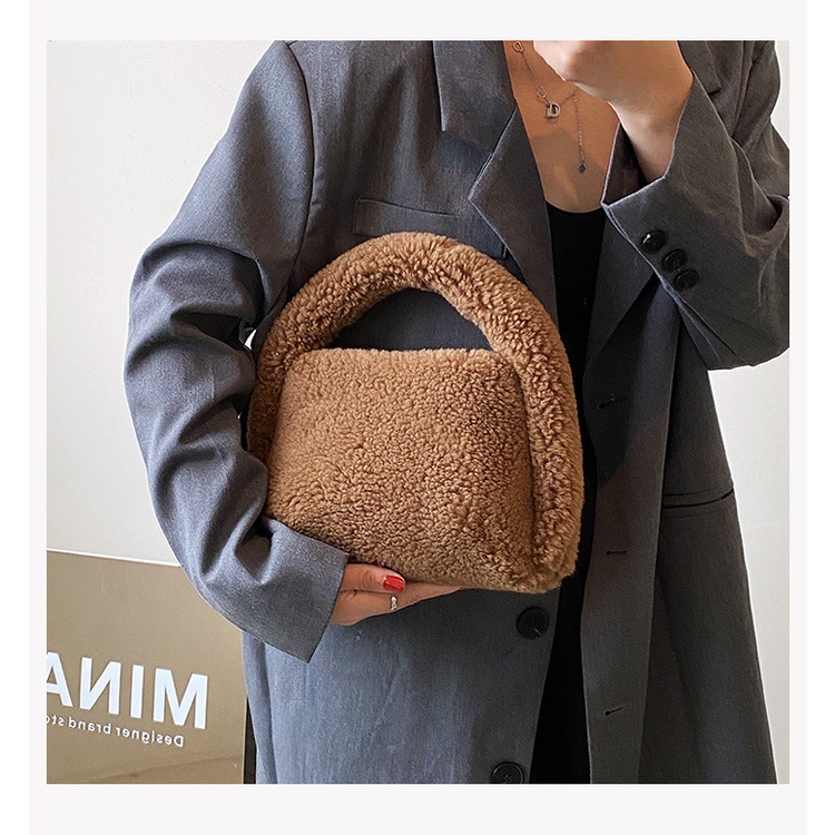 Túi xách tay JASMIN NOIR vải lông nắp gập phong cách đơn giản thời trang dành cho nữ