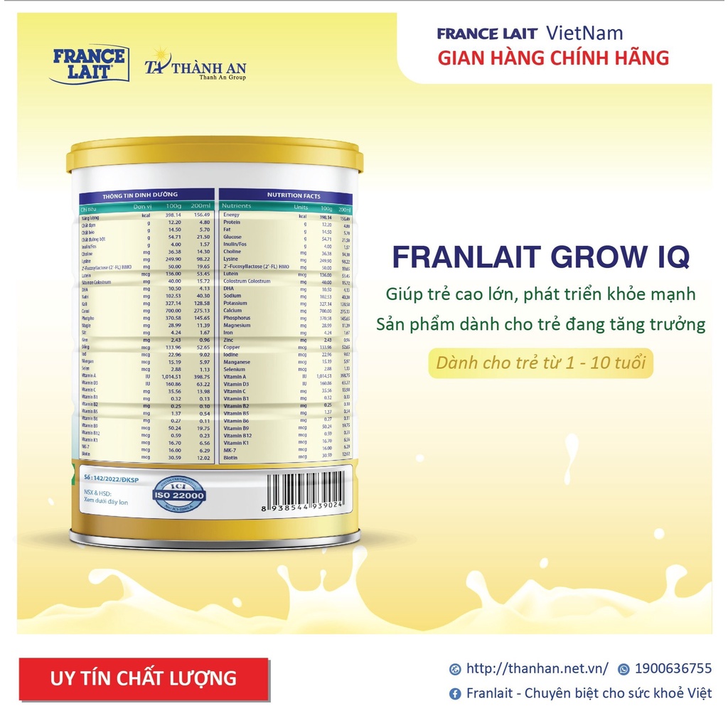 Sữa Franlait Grow IQ Cho Bé Cung Cấp Dưỡng Chất Giúp Trẻ Phát Triển Toàn Diện, Hấp Thu Tốt Và Hỗ Trợ Tiêu Hóa 900g