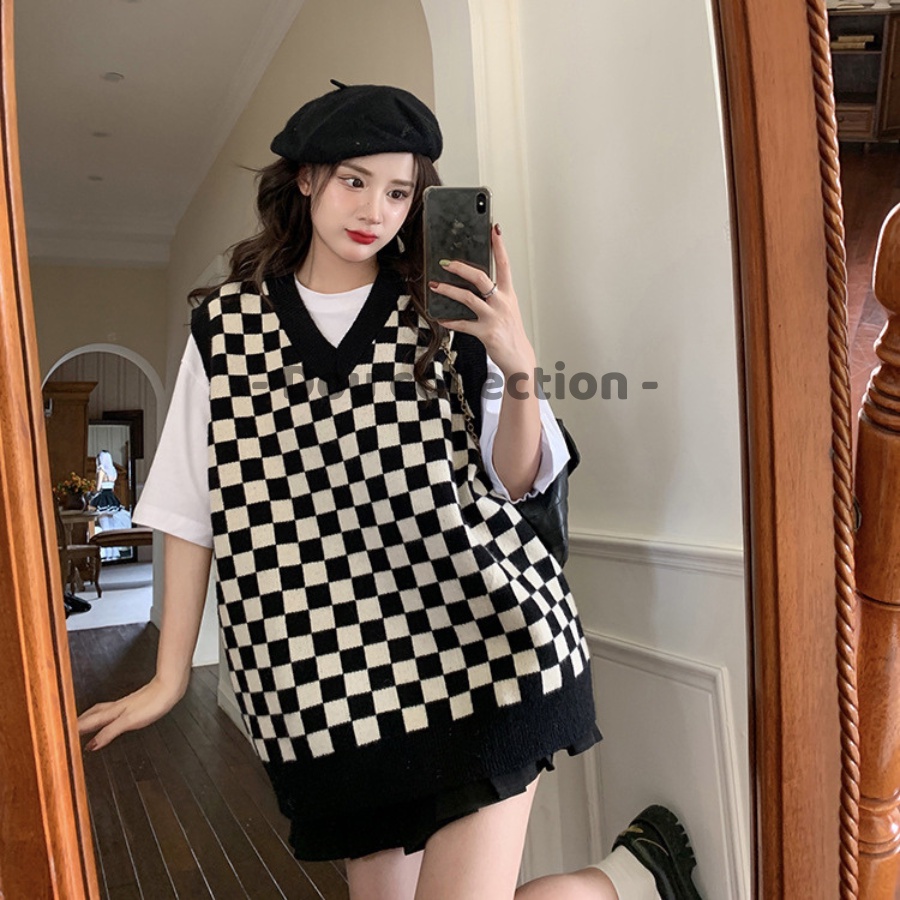 [Nowship2h] Áo gile Unisex họa tiết ô vuông vintage áo len không tay dáng xuông cá tính thời trang thu đông - mã TA010