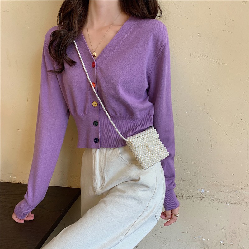 Áo Dệt Kim Ngắn Dáng Rộng Cổ Chữ V Phong Cách Hàn Quốc Dành Cho Nữ | BigBuy360 - bigbuy360.vn