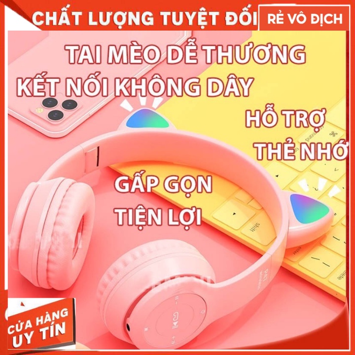Tai Nghe Mèo P47M. Mz47 Bluetooth Chụp Tai , Headphone P47m Dễ Thương Có Mic,Âm Bass Mạnh Mẽ Dung Lượng Pin Trâu