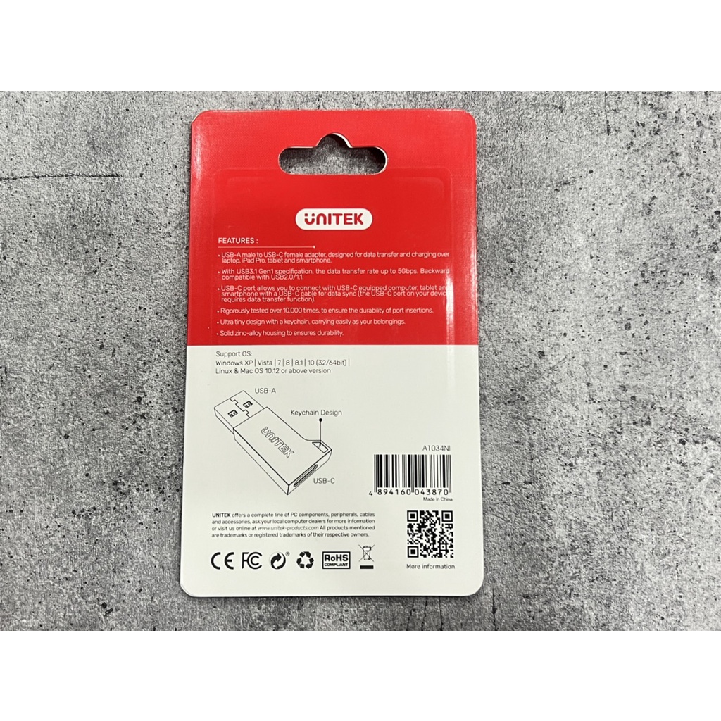 ĐẦU ĐỔI USB 3.0 RA TYPE C UNITEK A1034NI,Đầu chuyển USB Type A sang USB Type C tốc độ cao