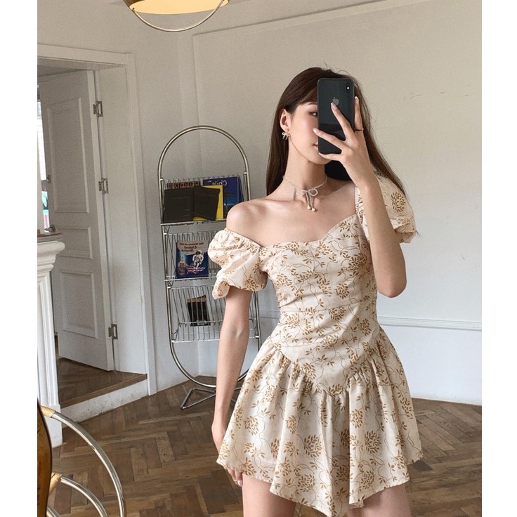 Đầm Tay Phồng Ôm Eo In Họa Tiết Hoa Xinh Xắn Cho Phụ Nữ