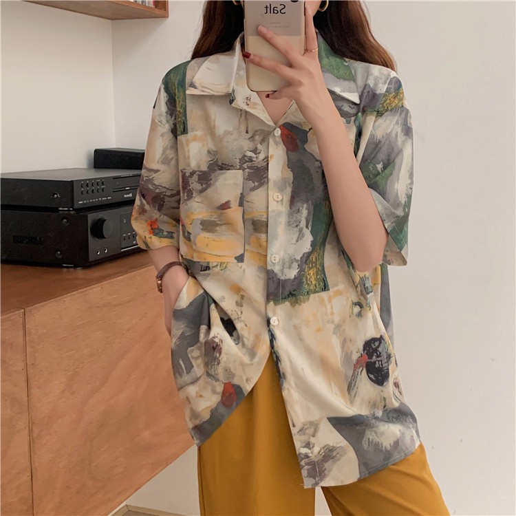 Áo Sơ Mi Tay Ngắn Họa Tiết Tranh Sơn Dầu Phong Cách retro Hong Kong Thời Trang Mùa Hè Mới Cho Nữ