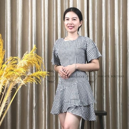 ĐẦM ĐUÔI CÁ NGẮN CỔ TRÒN SỌC CARO TAY XÒE XINH XẮN 100% ẢNH THẬT