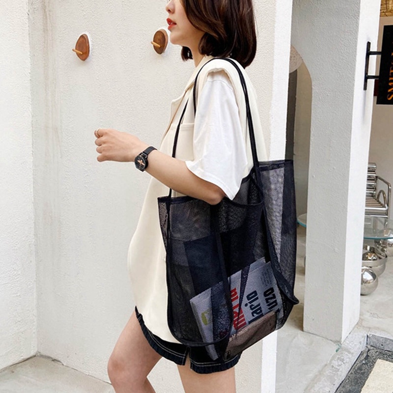Fancy Túi Xách Tote Phối Lưới Sức Chứa Lớn Đựng Đồ Chơi Đi Biển Mua Sắm Đeo Vai Kích Thước Lớn Cho Nữ