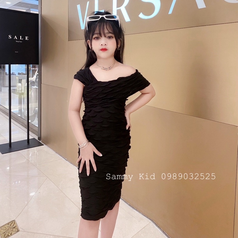 Váy body trễ vai xốp nhăn cao cấp size đại cho bé 15-40kg sang chảnh nữ tính