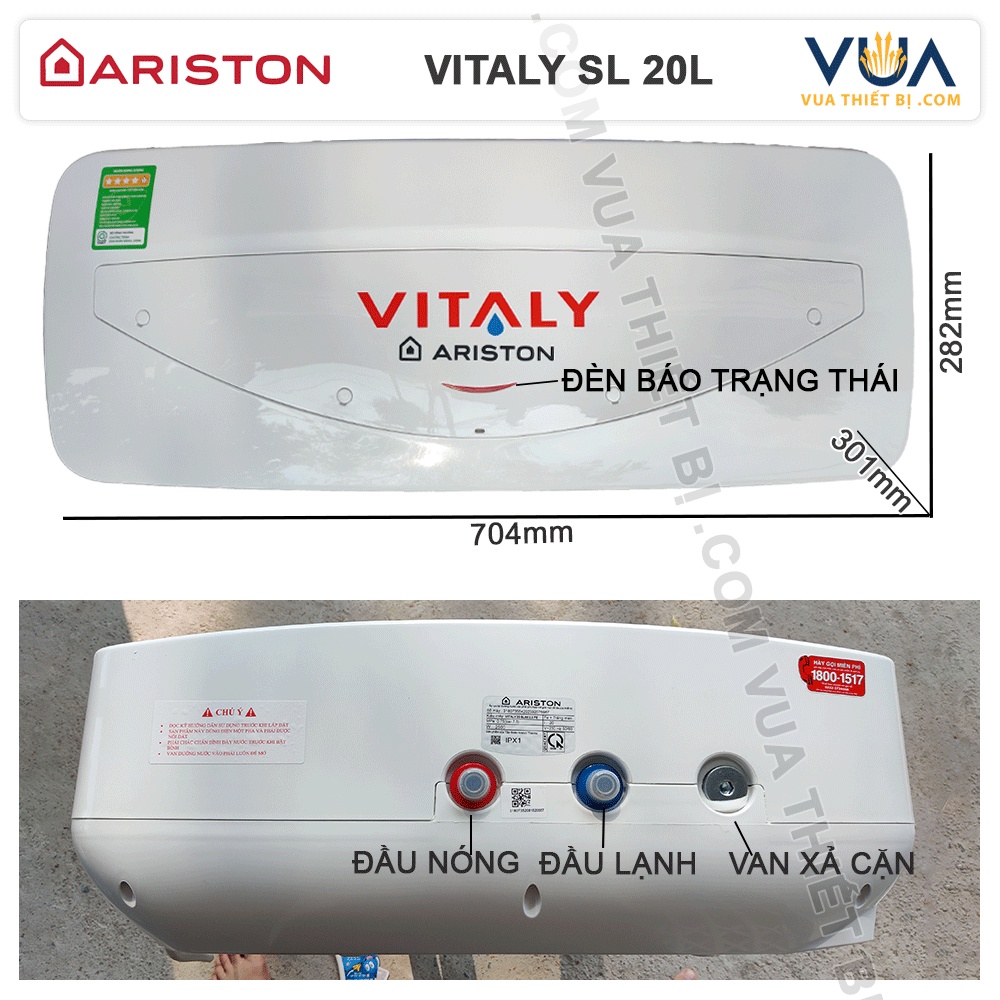 ARISTON VITALY SLIM 20 Lít - VITALY 20 SL - Bình Nóng Lạnh Gián Tiếp