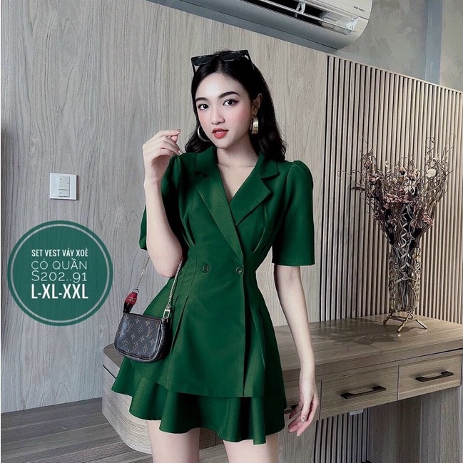 Set đầm dự tiệc bigsize Áo cổ vest chân váy xòe size từ 55-90kg - BZ008