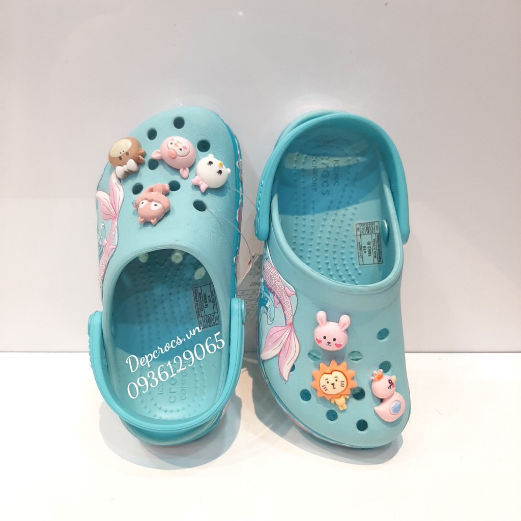 Dép sục crocs cho bé gái in hình tiên cá đuôi xanh ngọc dập nổi 3D cao cấp, dép crocs trẻ em - Crocs house