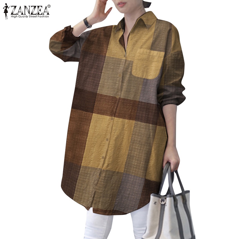 Áo sơ mi Zanzea tay dài dáng rộng cổ bẻ kẻ sọc caro trẻ trung hợp thời trang dành cho nữ
