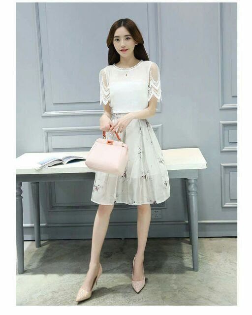 SET ĐẦM CHÂN VÁY HOA ÁO PHỐI REN