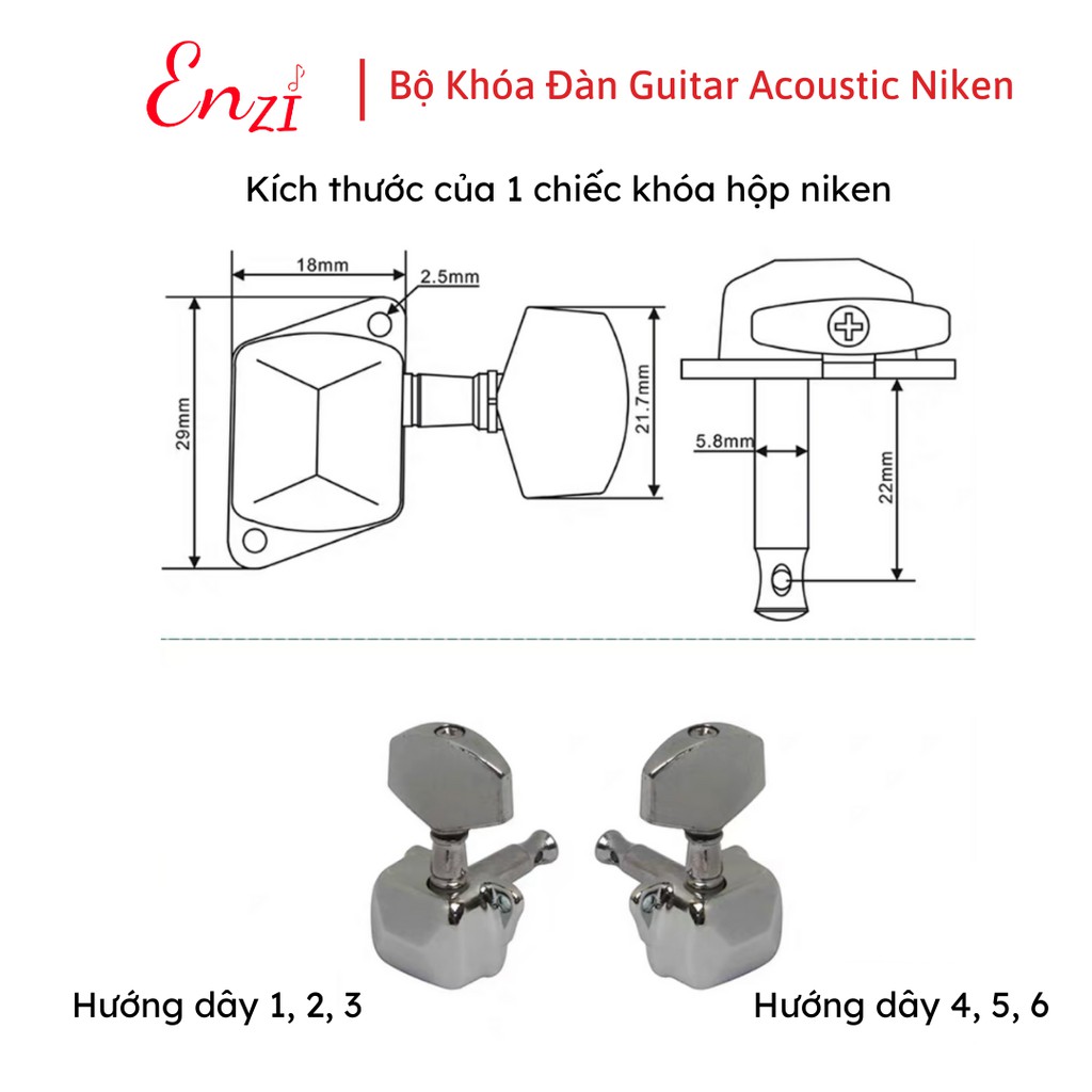 Khóa đàn guitar acoustic khóa hộp làm bằng thép không gỉ mạ niken, khóa đúc đặc đủ bộ Enzi