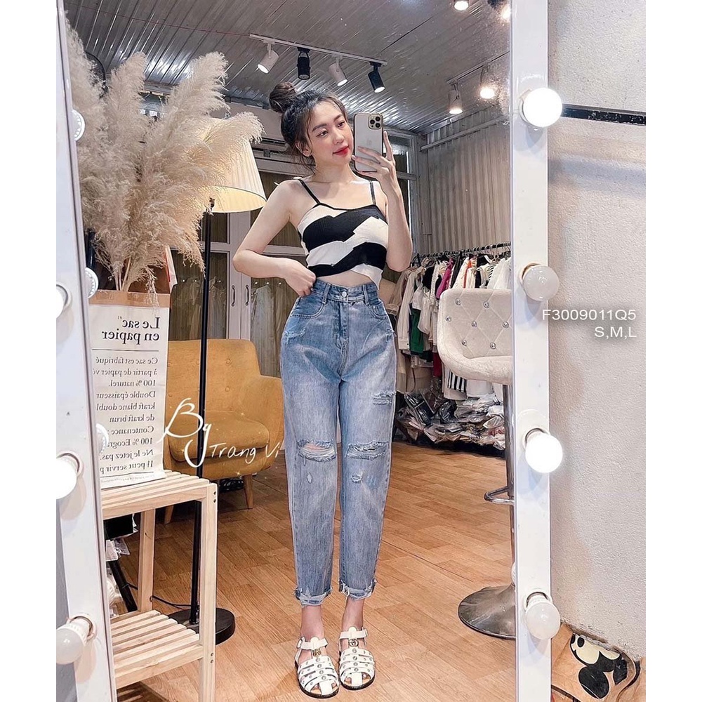 Quần baggy jean mài rách đùi hai bên xé túi sau lưng cao hàng đẹp!