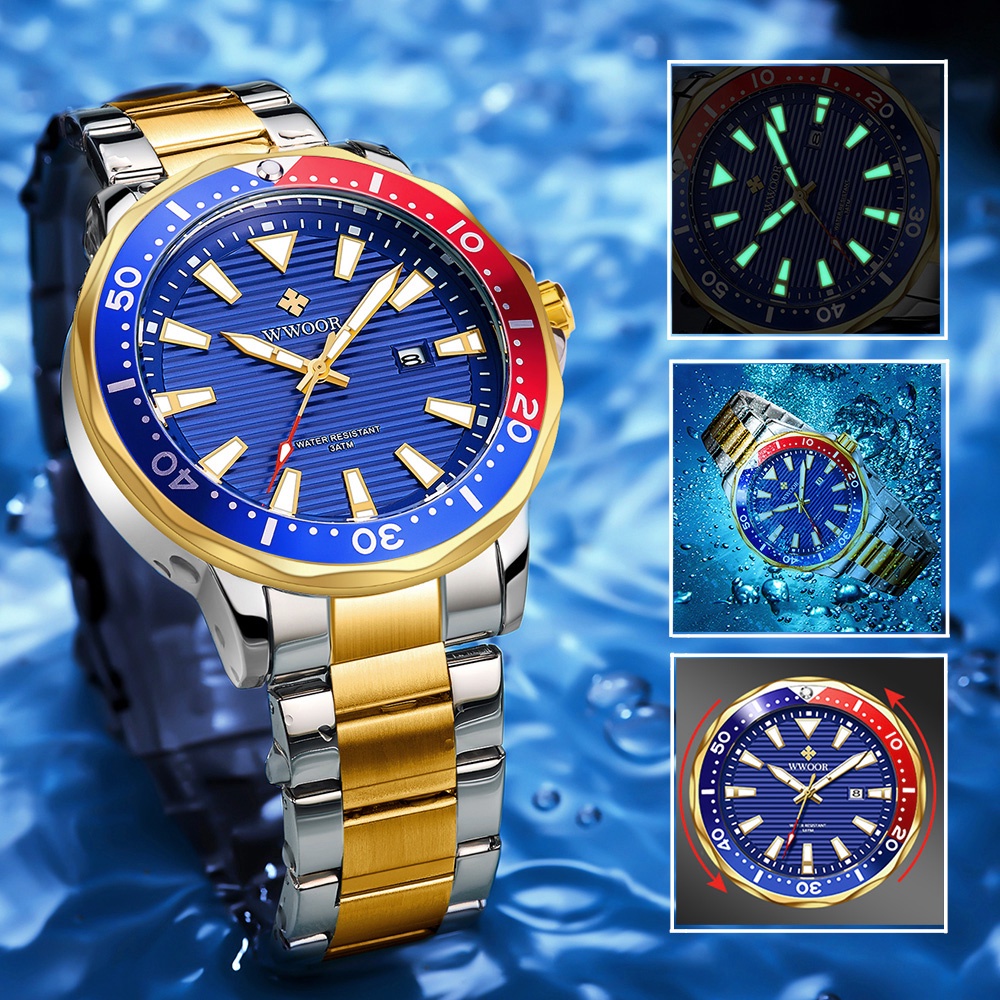Đồng Hồ Quartz Chống Thấm Nước WWOOR Mạ Vàng 30ATM Masculino-8847