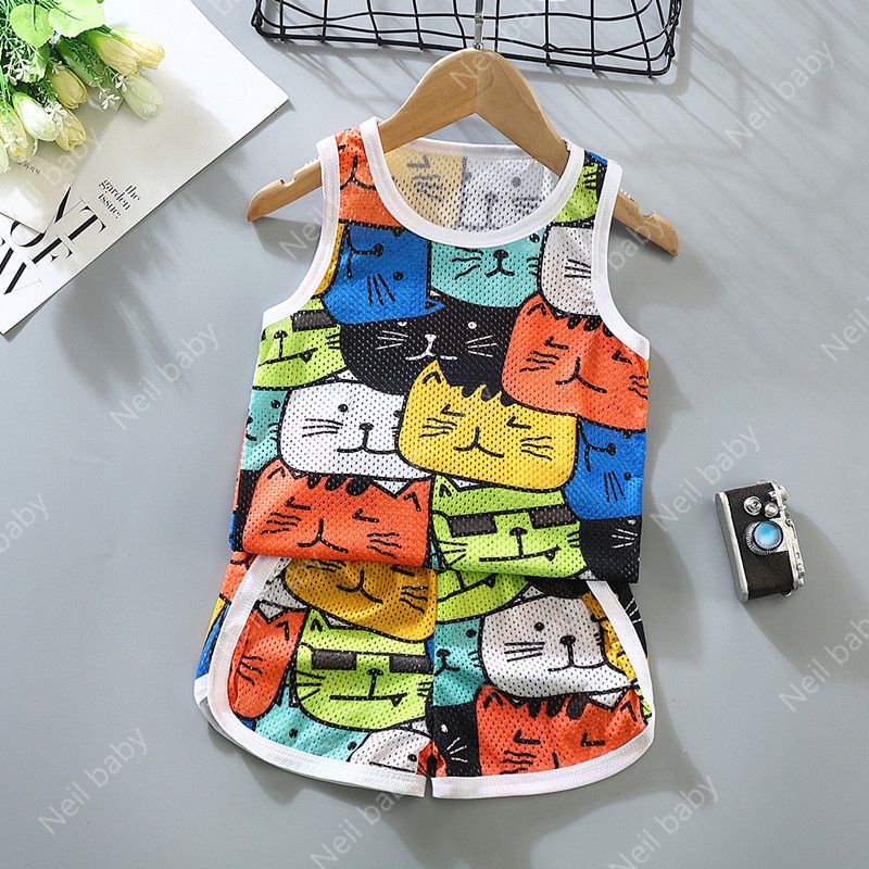 Bộ Áo Sát Nách In Hoạt Hình + Quần Short Thể Thao Thời Trang Mùa Hè Cho Bé (70-130)