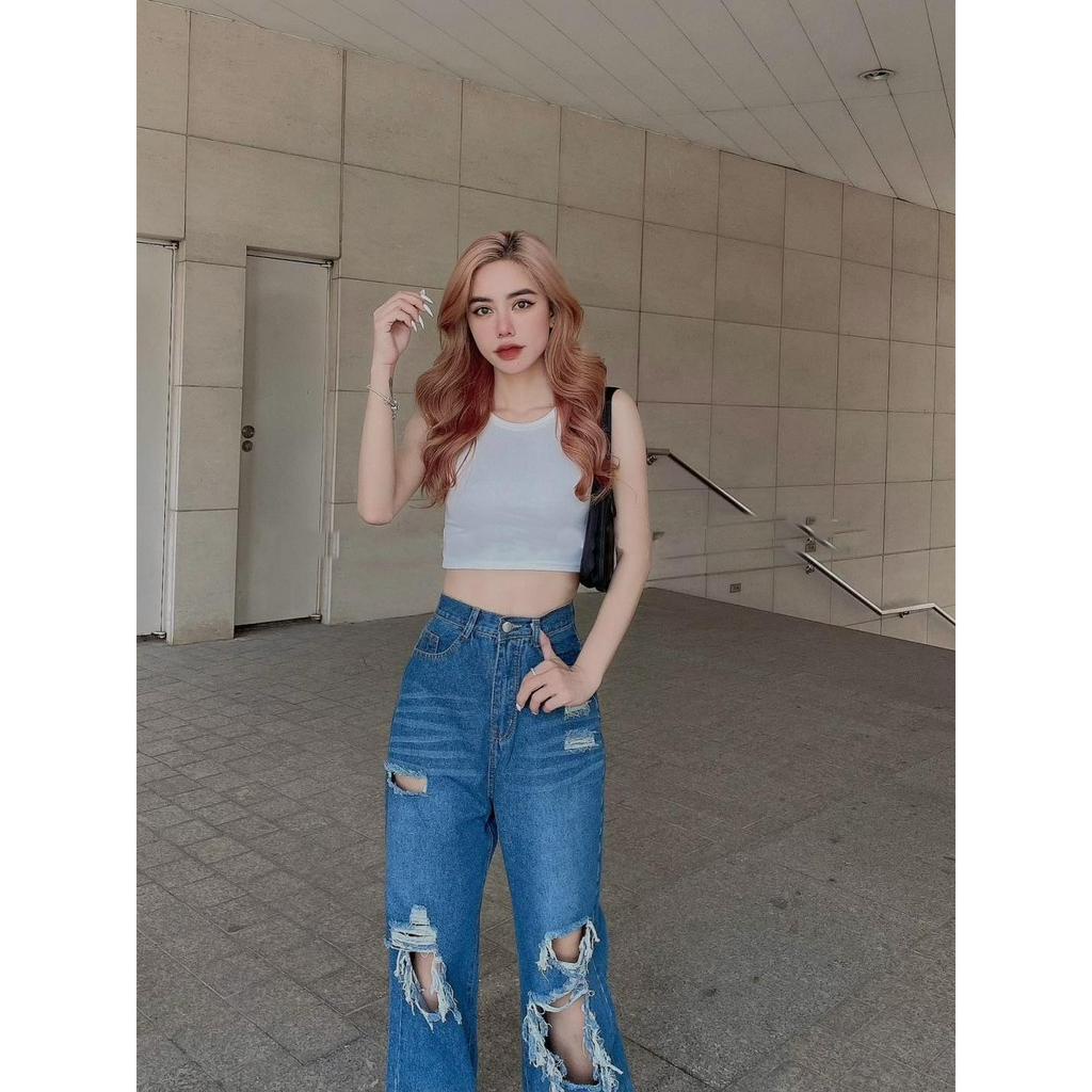 [ORTD5310] QUẦN JEANS ỐNG RỘNG NỮ LƯNG CAO RÁCH 3 MẢNG KÈM 2 MẢNG NHỎ ĐÙI MÀU XANH ĐẬM THỜI TRANG XỊN SÒ SIÊU ĐẲNG CẤP