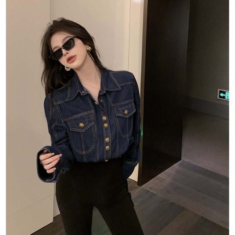 Áo Sơmi Denim Tay Dài Dáng Rộng Áo Jean Form Rộng Thời Trang