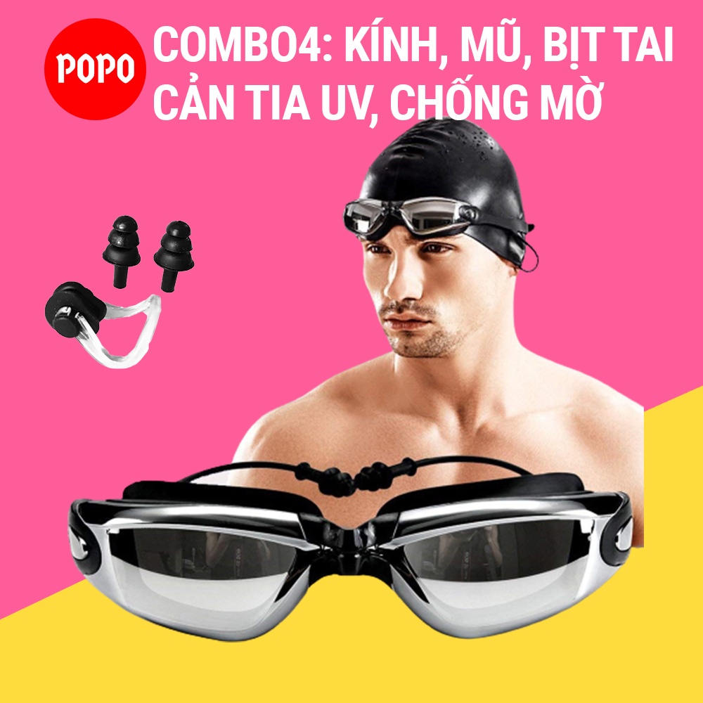 Kính bơi người lớn, kính bơi tráng gương kèm mũ bơi và bịt tai kẹp mũi POPO mắt kiếng bơi cho nam nữ trẻ em cản tia UV