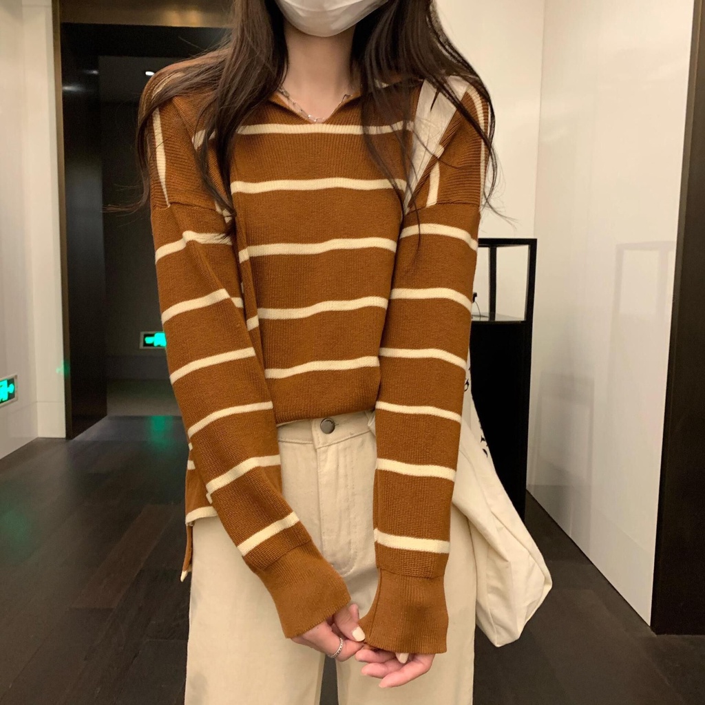 Áo len Zhelihangfei tay dài cổ thủy thủ họa tiết kẻ sọc dáng rộng dễ phối đồ