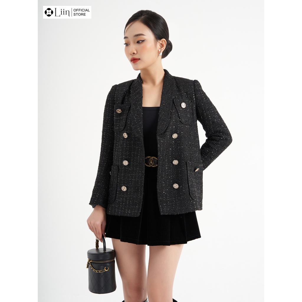 Áo vest dạ tweed màu đen dày dặn, kiểu dáng sang trọng, hiện đại Liin Clothing V5365