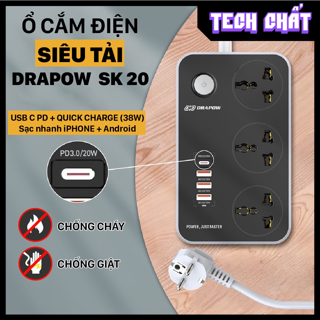 Ổ cắm điện đa năng SIÊU TẢI DRAPOW SK20 3000W dây 2m chống cháy giật - Sạc nhanh USB C 20W PD + 3 cổng QC 3.0 18W