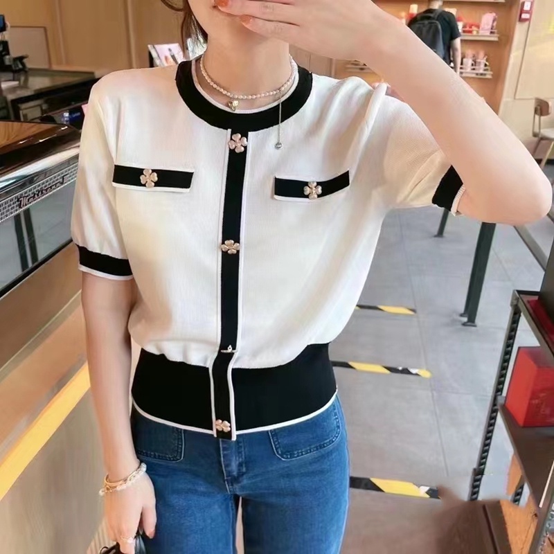 SUXI Áo Thun Dệt Kim Tay Ngắn Cổ Tròn Màu Sắc Tương Phản Phong Cách Vintage Dành Cho Nữ