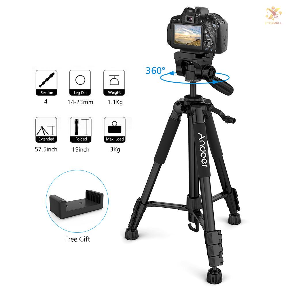 ET Andoer TTT-663N 57.5inch Travel Lightweight Camera Tripod for Photography Video Shooting Support DSLR SLR Camcorder with Carry Bag Phone Clamp Max.Load 3kg