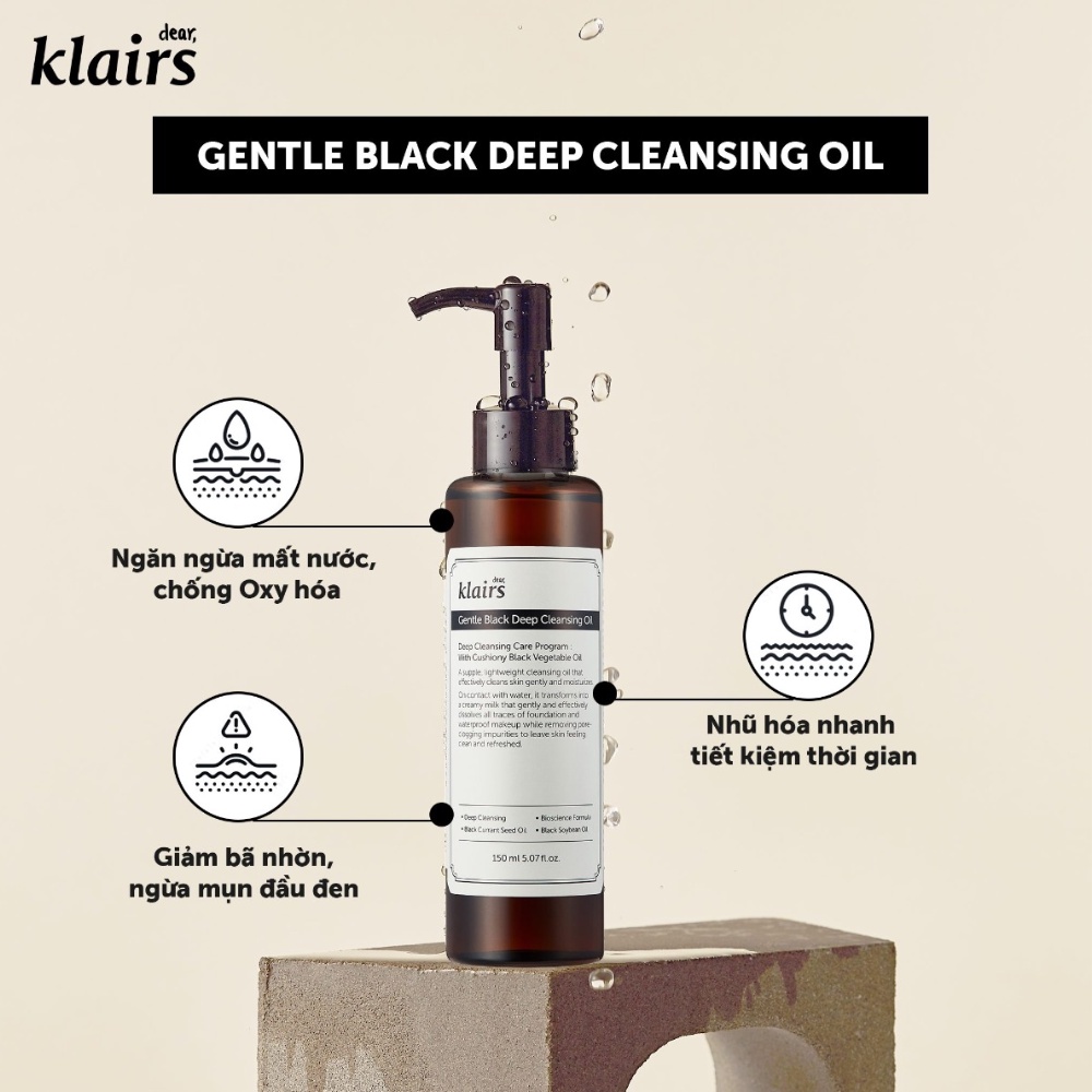 Dầu tẩy trang Klairs Gentle Black Deep Cleansing Oil 150ml giúp làm sạch và dưỡng ẩm