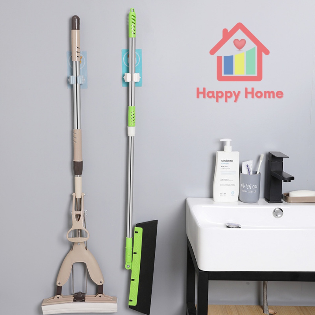 Móc dán tường kẹp giữ chổi, móc treo chổi, cây lau nhà chịu lực Happy Home