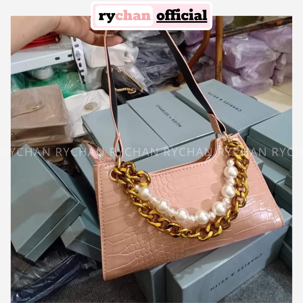 Túi Xách Kẹp Nách Da Rắn Phối Dây Xích Hạt Nhiều Màu - RY170