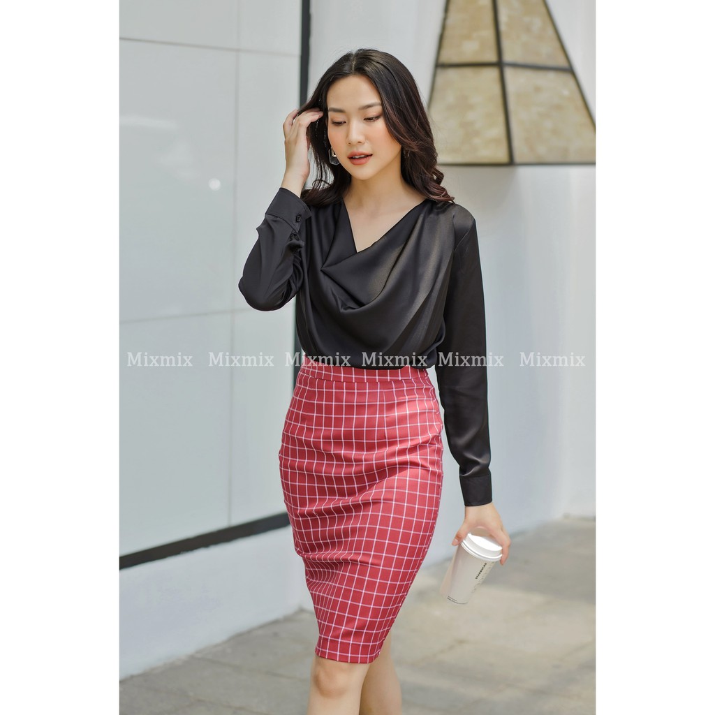 Áo sơ mi lụa cổ đổ Doris màu đen bí ẩn - MIXMIX - Hàng thiết kế - Hình ảnh độc quyền shop tự chụp