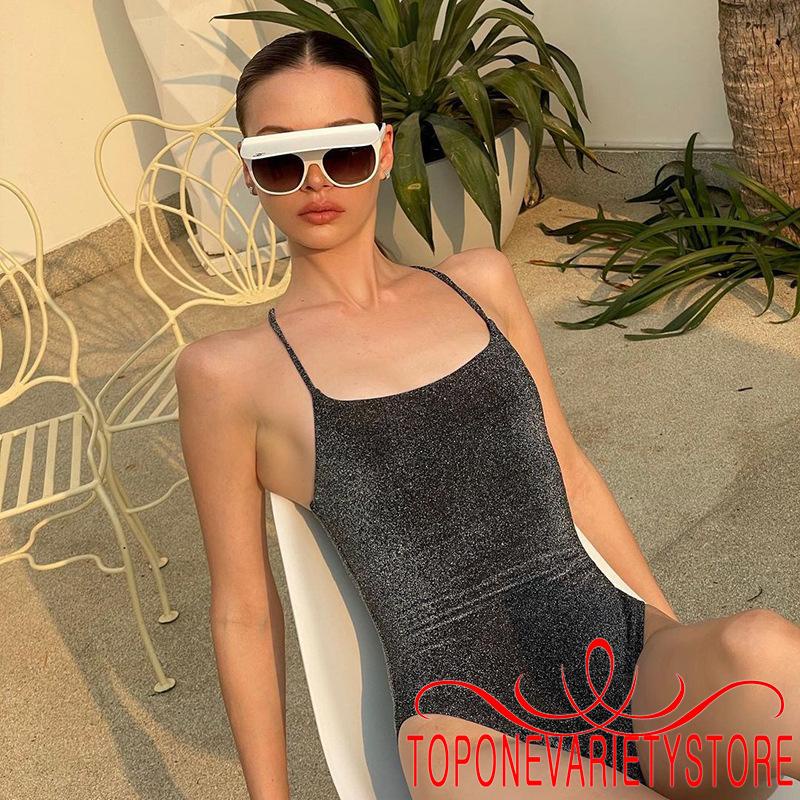 Bộ áo liền quần hai dây cổ chữ U màu trơn thời trang mùa hè màu đen/hồng/xanh dương size S/M/L