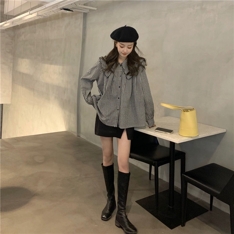 Áo sơ mi cổ búp bê kẻ sọc thời trang retro cho nữ