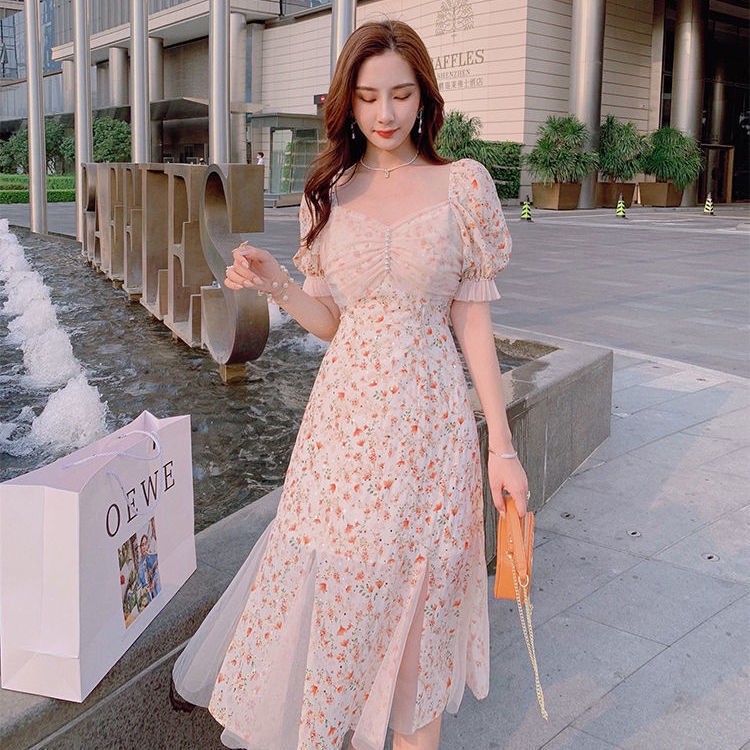 Đầm Đuôi Cá Hai Dây Mỏng Ghép Vải Lưới In Hoa Thời Trang Mùa Hè Pháp Ngọt Ngào Hàng Mới 2022 Dành Cho Bạn Nữ