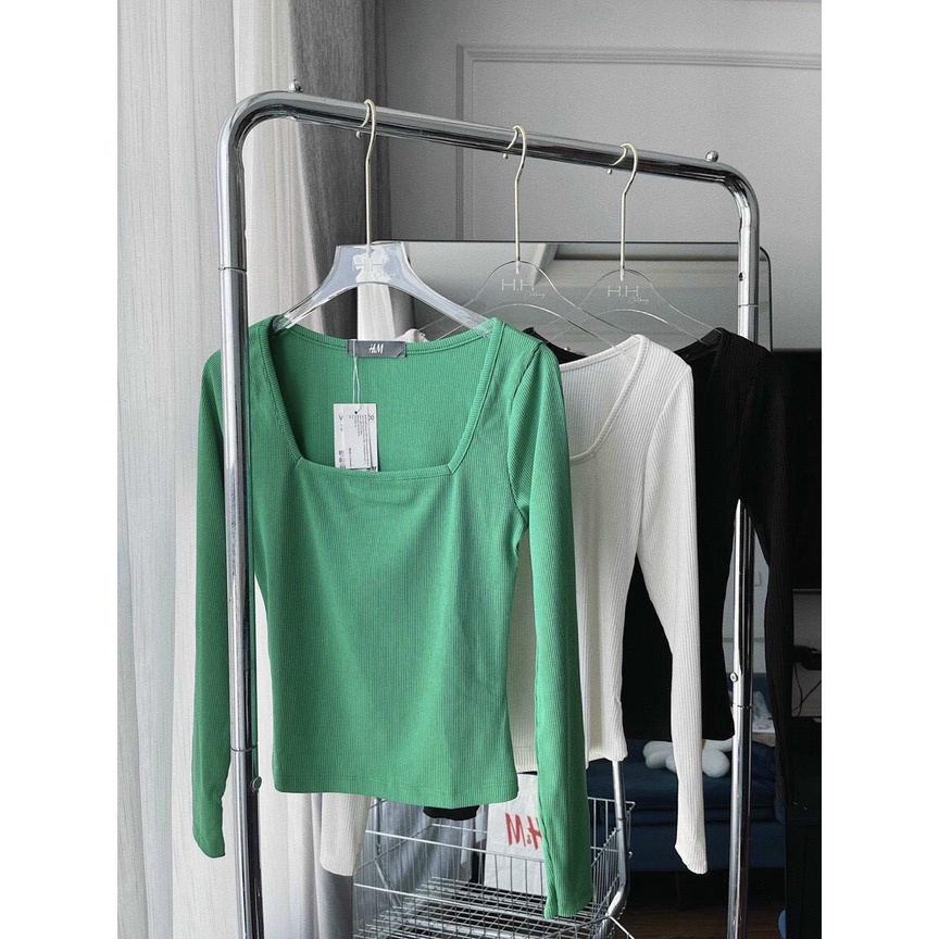 Set 3 ÁO Tăm cổ U dài tay HM, áo thu đông dài tay dáng ôm cổ vuông màu hothit dễ phối