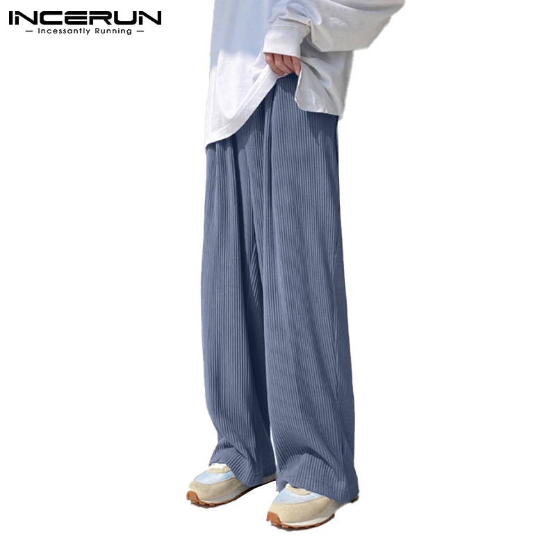 Quần dài INCERUN ống rộng vải nhung kẻ mềm mại co giãn màu trơn đơn giản cho nam