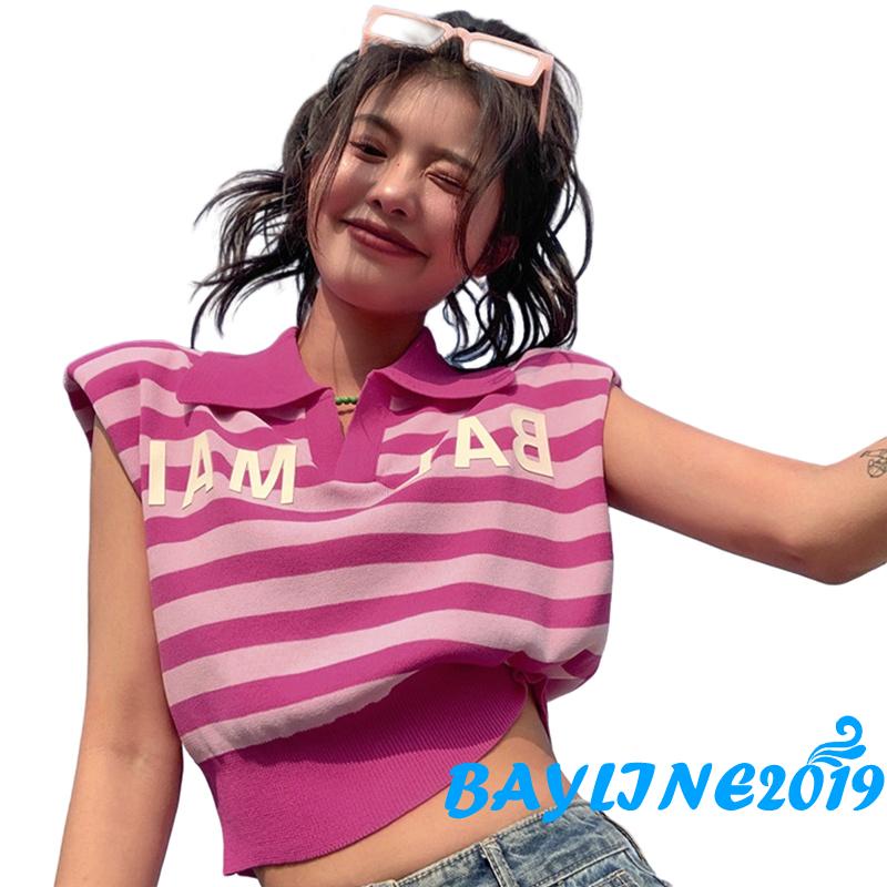 Áo Thun Dệt Kim Họa Tiết Sọc Ngang Màu Sắc Tương Phản Có Cổ Tay Áo In Chữ Cho Nữ