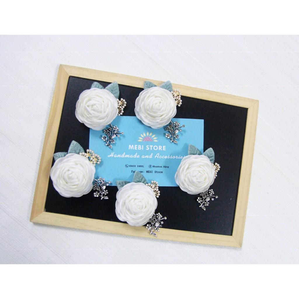 (ảnh thật 100%) Hoa cài áo handmade mẫu hoa trà mix cành bac siêu xinh Nobox