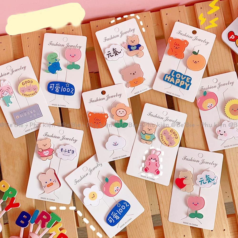 [BP369] Set 3 gim cài kim loại nút bấm tròn hình cute - BeBie Phụ kiện cưng