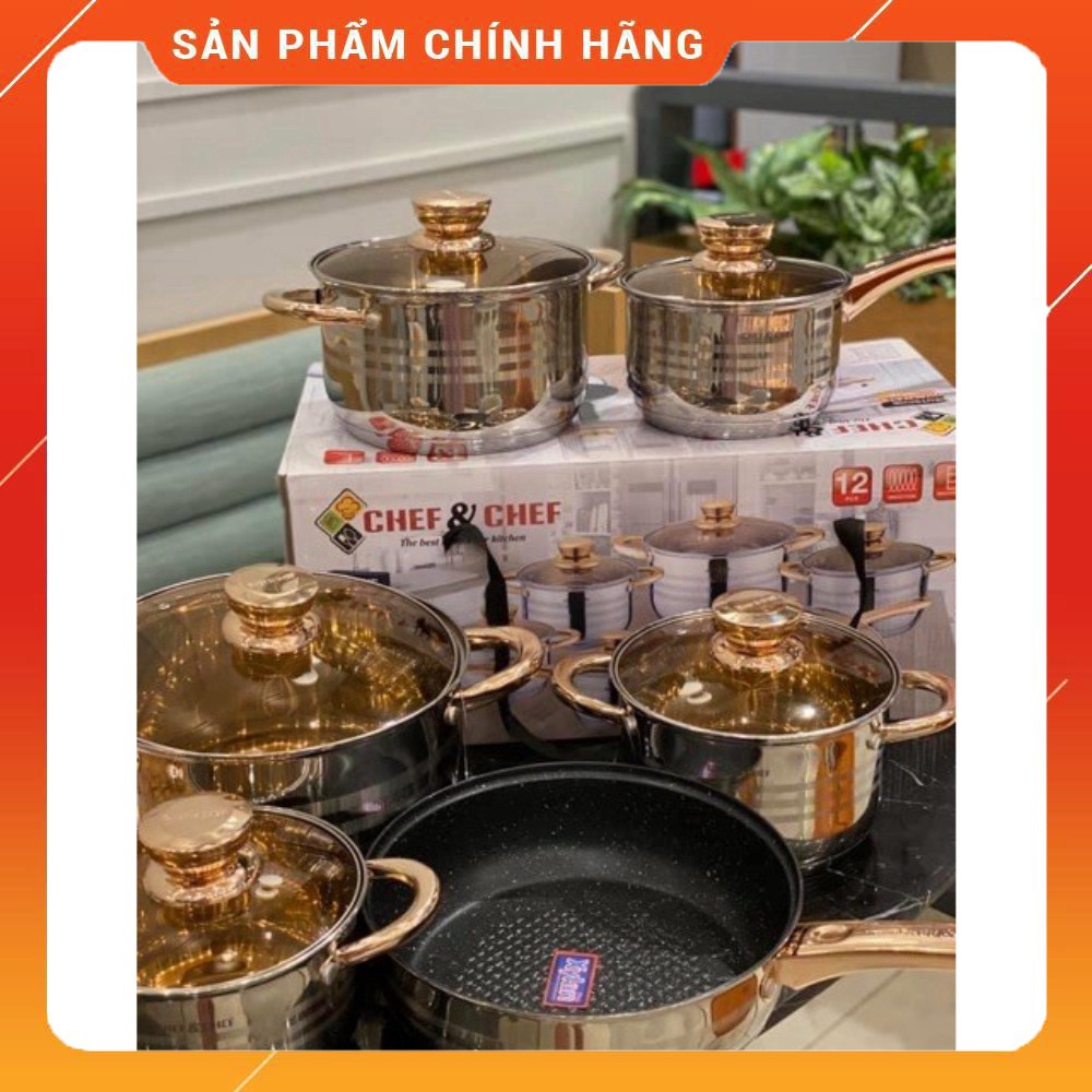 [ VÔ ĐỊCH GIÁ ] Bộ Nồi Inox 6 Món, 12 Chi Tiết, Vung Kính Vàng, Đáy 5 Lớp. Thương Hiệu Chef &amp; Chef. Công Nghệ Đức [ HÀNG
