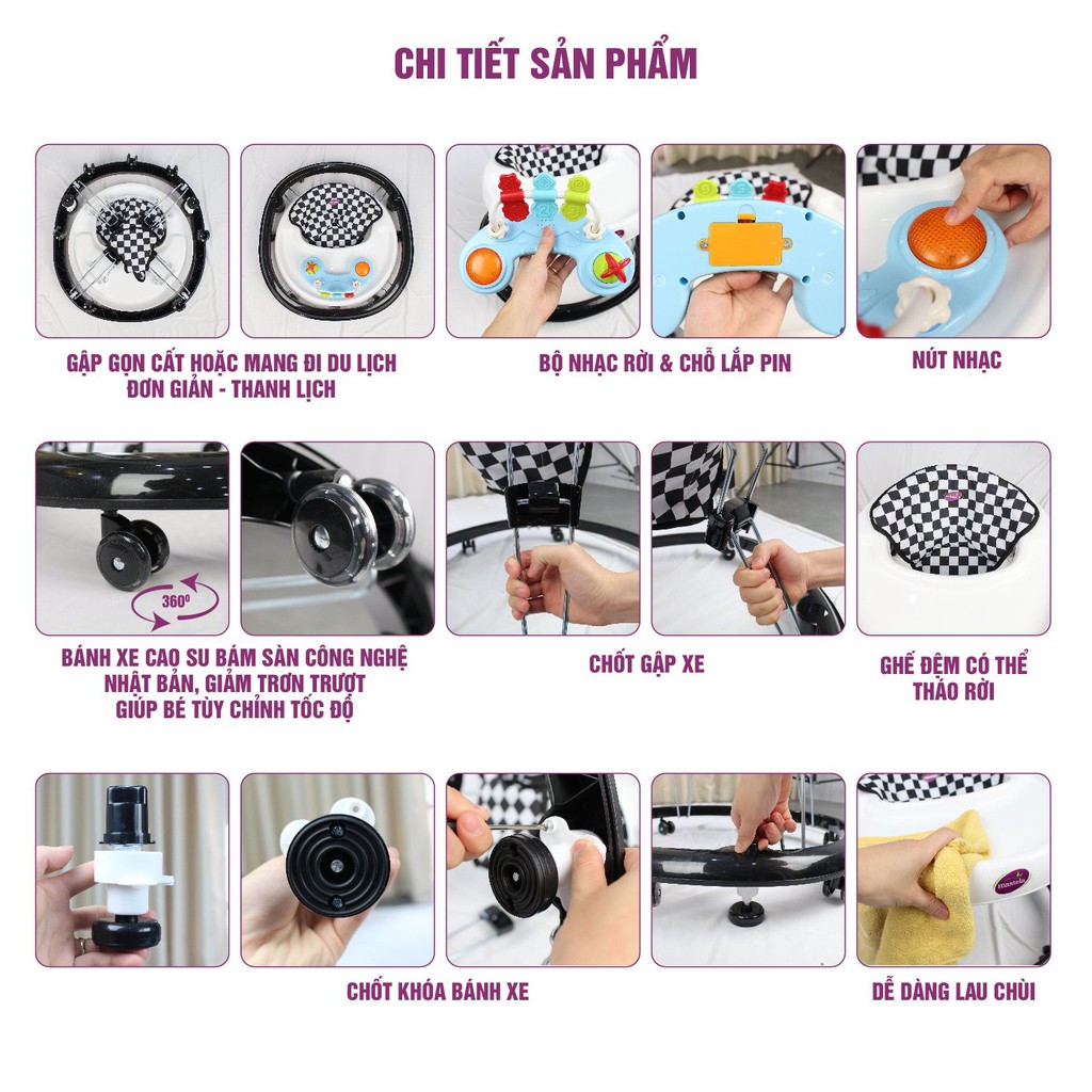 Xe tròn tập đi có đồ chơi và nhạc cho bé Mastela W2002 bánh xe cao su hãm di chuyển theo quán tính siêu nhẹ xoay 360 độ