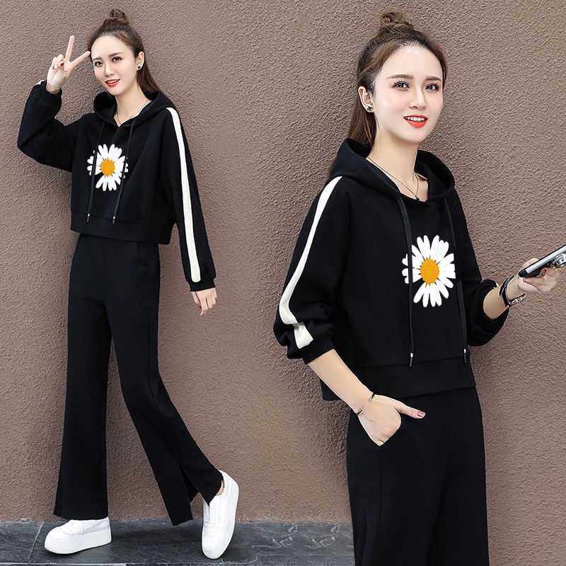 Bộ Đồ Thể Thao Áo Hoodie Dáng Rộng Xẻ Tà + Quần Ống Rộng Thời Trang Hàn Quốc Cho Nữ