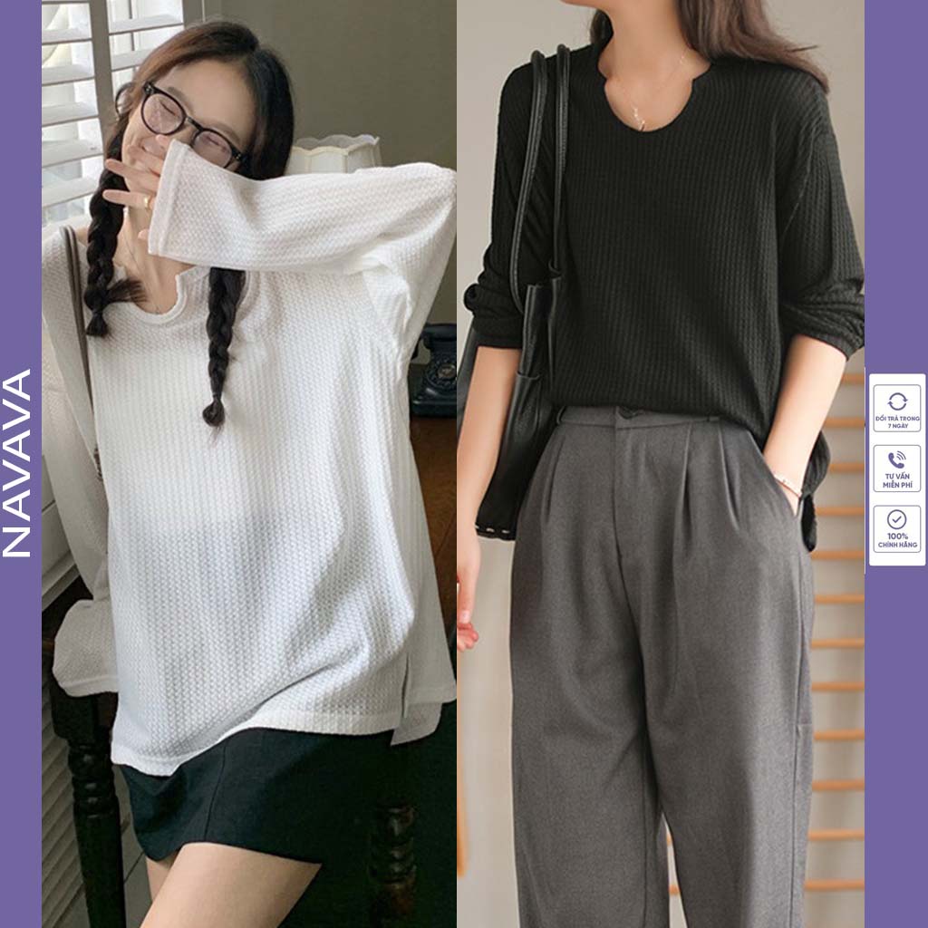 Áo thun tay dài nữ áo thun tay dài nữ form rộng đen trơn cổ lọ hàn quốc nhiều màu sắc NAVAVA AT35